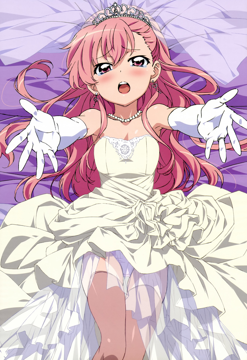 :o absurdres blush carry_me dress elbow_gloves gloves highres jewelry legs long_hair looking_at_viewer louise_francoise_le_blanc_de_la_valliere lying nyantype official_art on_back open_mouth outstretched_arms panties pink_eyes pink_hair pov ring scan spoilers tears thighhighs tiara underwear veil very_long_hair wedding_dress white_panties zero_no_tsukaima zettai_ryouiki