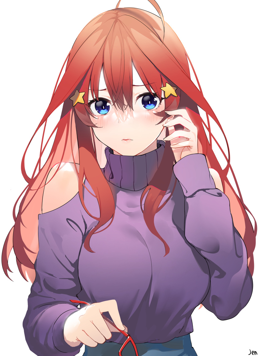 1girl absurdres ahoge arjent blue_eyes blush breasts closed_mouth eyebrows_visible_through_hair glasses go-toubun_no_hanayome hair_between_eyes hair_ornament hand_up highres holding holding_eyewear large_breasts long_hair long_sleeves looking_at_viewer nakano_itsuki purple_sweater red-framed_eyewear redhead simple_background solo star_(symbol) star_hair_ornament sweater turtleneck turtleneck_sweater white_background