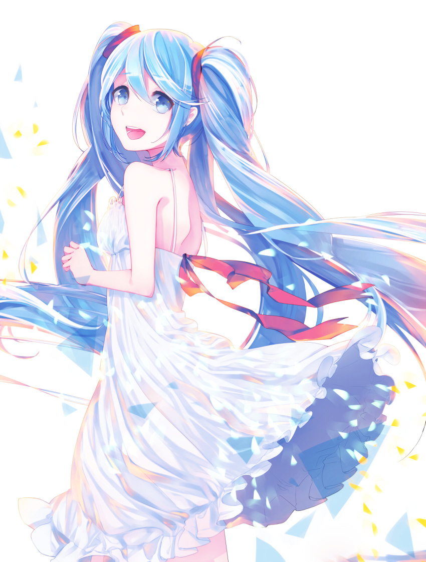 bare_shoulders blue_eyes blue_hair blush dress happy hatsune_miku long_hair twintails vocaloid