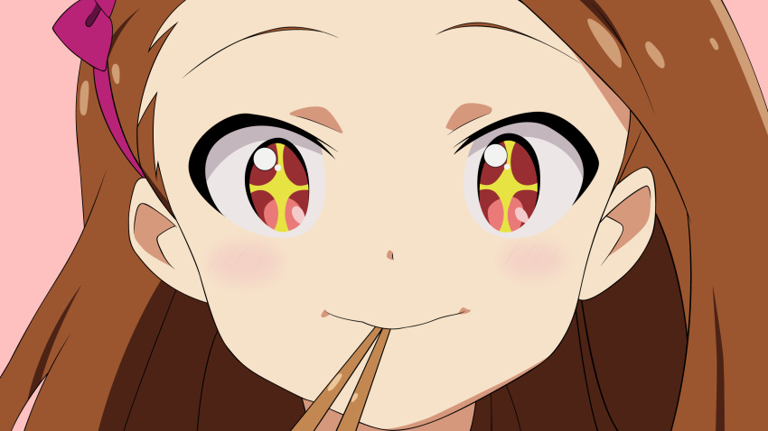 brown_hair chopsticks idolmaster minase_iori pink_headband starry_eyes vector