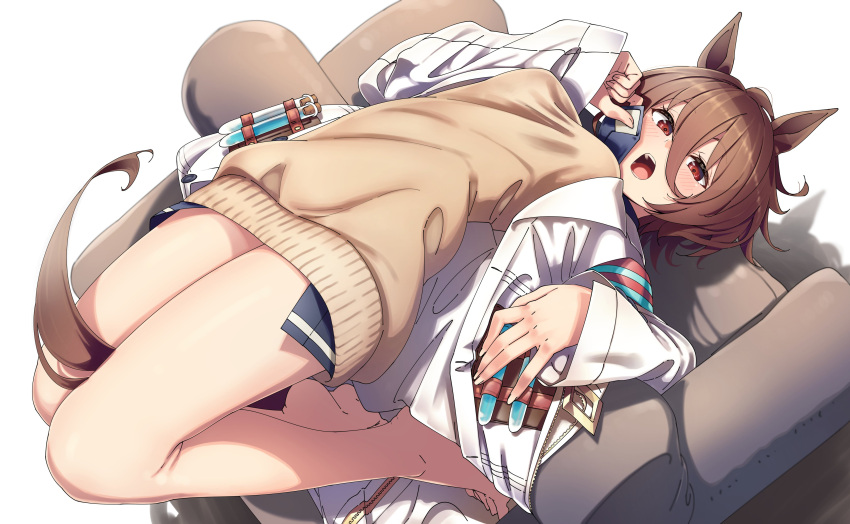 1girl absurdres agnes_tachyon_(umamusume) animal_ears bangs barefoot blue_neckwear blush breasts brown_hair chair hair_between_eyes highres horse_ears horse_girl horse_tail labcoat long_sleeves medium_breasts open_mouth red_eyes shadow shinomu_(cinomoon) short_hair simple_background sleeves_past_wrists solo sweater_vest tail test_tube umamusume vest white_background
