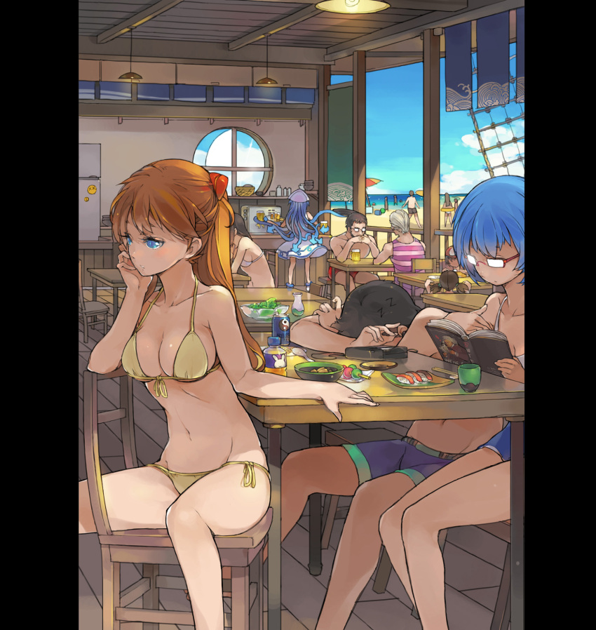 bare_shoulders beach bespectacled bikini blue_eyes blue_hair book breasts broad_shoulders cassette_player chair chin_rest cleavage cloud collarbone crossover dango english food front-tie_top fuyutsuki_kouzou gendou_pose glasses hands_clasped headphones highres ikamusume ikari_gendou ikari_shinji lamp long_hair multiple_boys multiple_girls navel neon_genesis_evangelion ocean opaque_glasses orange_hair pillarboxed reading red-framed_glasses round_window sakura_sora shinryaku!_ikamusume shiny shiny_skin short_hair side-tie_bikini sitting sitting_backwards sky sleeping soryu_asuka_langley souryuu_asuka_langley swimsuit table tentacle_hair underboob wagashi window yellow_bikini z