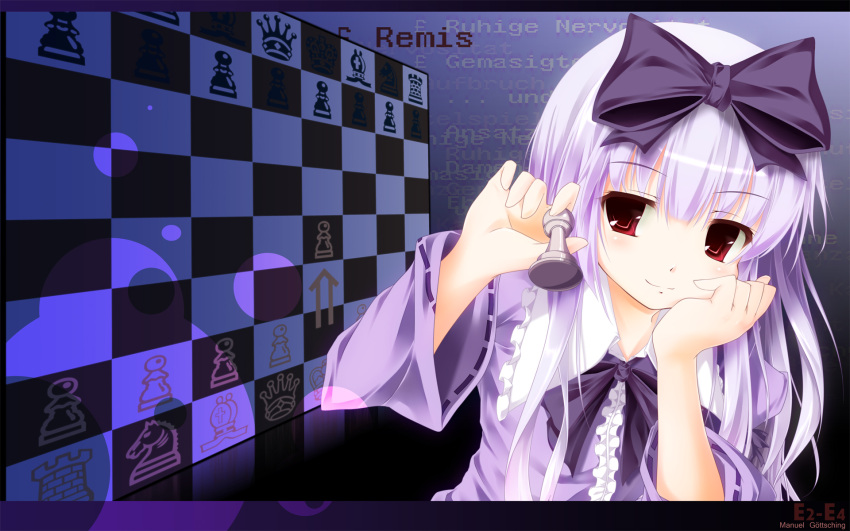 3.1 3.1-tan bow checkered checkered_background chess chess_piece chin_rest hair_bow highres jum_(parallel_parasol) lavender_hair long_hair os os-tan red_eyes smile solo