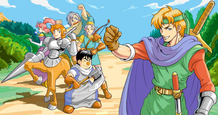5boys armor axe bad_id blue_eyes brown_hair cape centaur clenched_hand closed_eyes eyes_closed gloves grey_hair grin hans_(shining_force) hat headband highres kamiomutsu ken_(shining_force) lance long_hair lowe_(shining_force) luke_(shining_force) max_(shining_force) multiple_boys pink_hair pointy_ears polearm ponytail raised_fist shining_(series) shining_force shining_force_1 smile tao_(shining_force) weapon