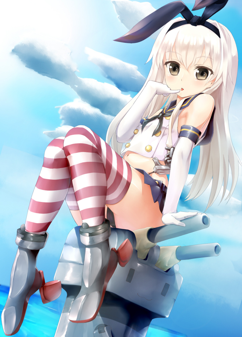 1girl anchor_hair_ornament bare_shoulders black_panties blonde_hair blue_skirt blue_sky boots bow brown_eyes crop_top elbow_gloves finger_to_mouth gloves hair_bow hairband highleg highleg_panties highres kantai_collection long_hair looking_at_viewer microskirt midriff neckerchief panties pantyshot pantyshot_(sitting) pleated_skirt rensouhou-chan sailor_collar shimakaze_(kantai_collection) shiron_(e1na1e2lu2ne3ru3) sitting skirt sky striped striped_legwear thigh-highs tongue tongue_out underwear white_gloves