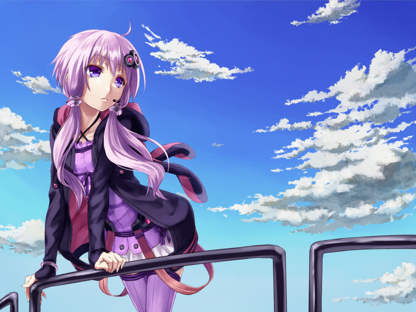 ahoge bad_id clouds fry_no_tempura hair_ornament hoodie jacket long_hair looking_away nakasaki_hydra purple_eyes purple_hair purple_legwear sky solo thigh-highs thighhighs twintails umbrella80cm vertical-striped_legwear vertical_stripes violet_eyes vocaloid yuzuki_yukari