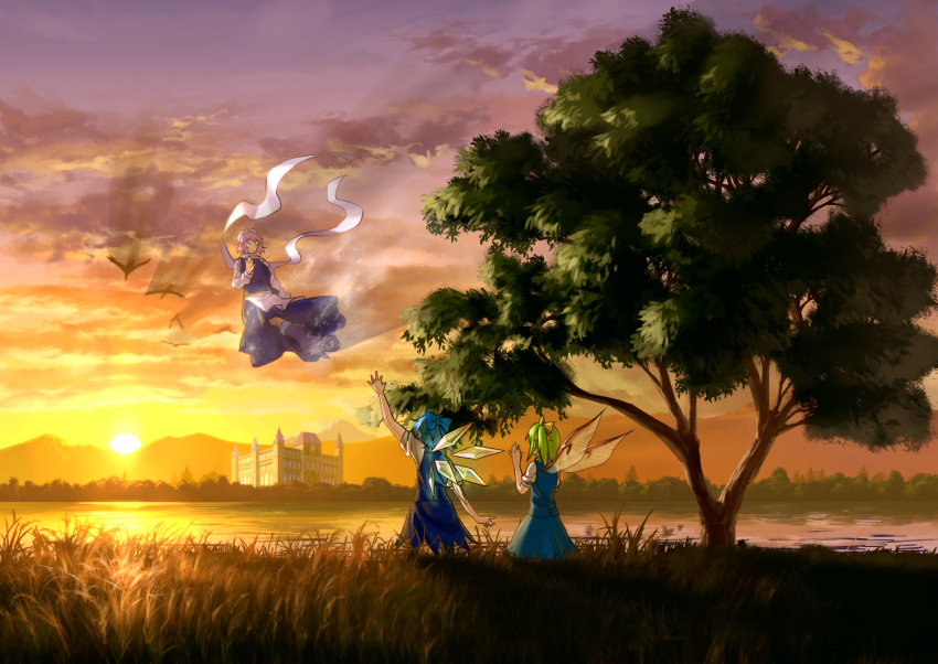 bird blue_hair bow breasts cirno closed_eyes cloud daiyousei dress dusk eyes_closed floating from_behind green_hair hair_bow hair_ribbon hat lake letty_whiterock mountain multiple_girls outstretched_arm pink_hair ribbon scarlet_devil_mansion shawl short_hair side_ponytail sky smile sun tahoo touhou tree twilight waving wings