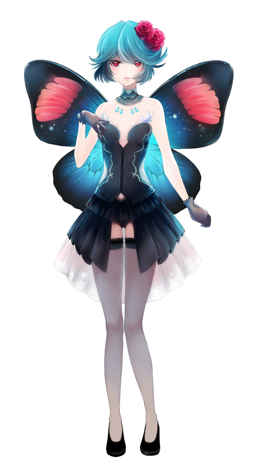 absurdres blue_hair blush butterfly_wings copyright_request dress flower flower_on_head gloves green_hair hair_flower hair_ornament heart heart-shaped_pupils high_heels highres necklace original pantyhose red_eyes saintklein short_hair simple_background solo symbol-shaped_pupils thigh-highs thighhighs transparent_background wings