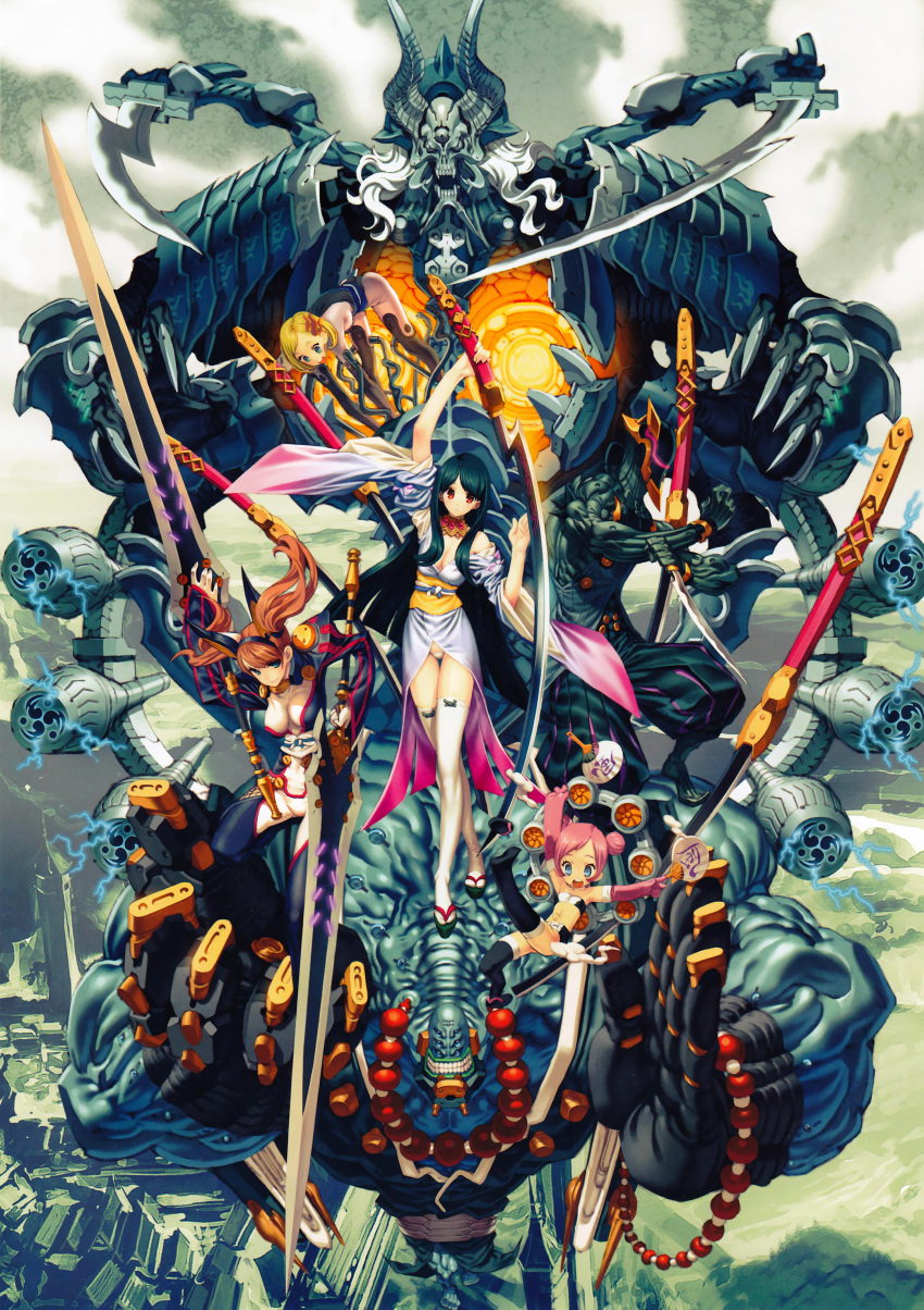 absurdres armor bare_shoulders black_hair black_legwear blonde_hair blue_eyes breasts brown_hair cleavage double_bun elbow_gloves gloves grin hair_ornament hairclip helmet highres horns huge_weapon itou_ben japanese_clothes jewelry kimono large_breasts legs long_hair mecha multiple_girls muscle necklace obi open_mouth original panties pink_hair red_eyes samurai sandals short_hair smile sword thigh-highs thighhighs twintails underwear very_long_hair weapon white_hair white_legwear white_panties