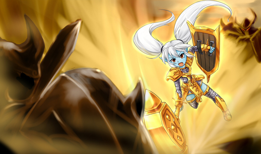 armor blue_skin boots hammer helmet league_of_legends long_hair nam_(valckiry) open_mouth poppy shield twintails white_hair