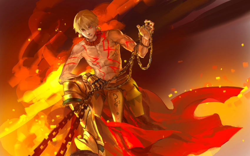 1boy armor blonde_hair chain chains earrings fate/hollow_ataraxia fate_(series) fire gilgamesh jewelry male orange_(color) orange_background red_eyes shirtless slit_pupils solo tattoo