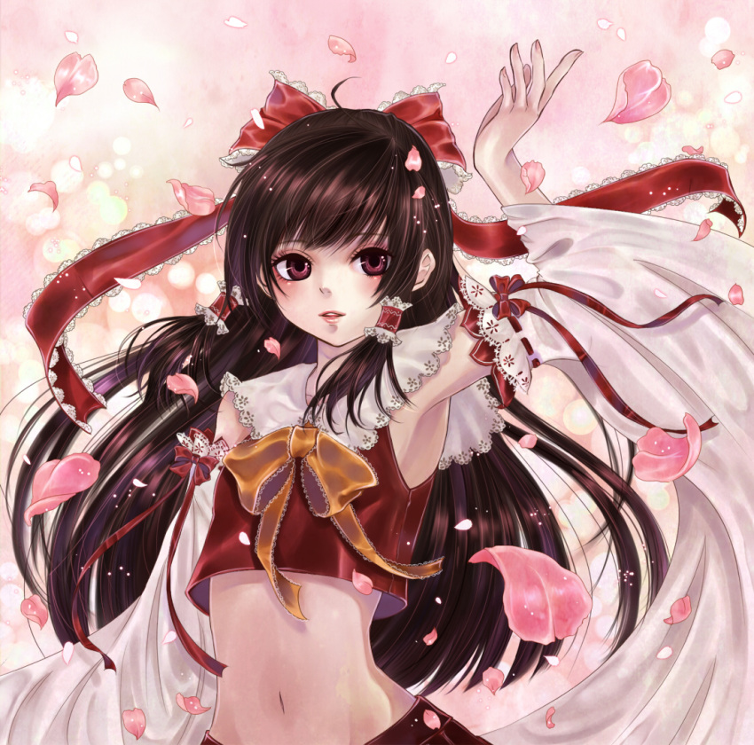 akari1205 arm_up armpits bad_id black_hair bow capelet cherry_blossoms detached_sleeves ears embellished_costume eyelashes fingernails frills hair_bow hair_tubes hakurei_reimu lace light_particles lips long_hair long_sleeves looking_at_viewer midriff miko navel open_hand parted_lips pink_background purple_eyes ribbon skirt solo teeth touhou vest violet_eyes wide_sleeves wind
