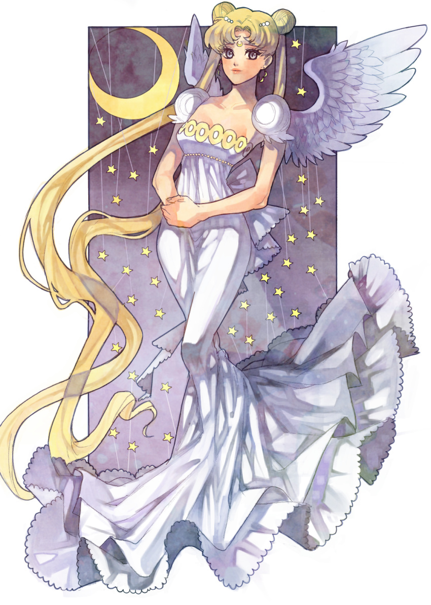 angel_wings aruterra bad_id bishoujo_senshi_sailor_moon blonde_hair crescent_moon double_bun dress facial_mark forehead_mark grey_eyes hands_together highres long_hair moon princess princess_serenity puffy_sleeves purple_background smile solo star starry_background thighs tsukino_usagi twintails white_dress wings