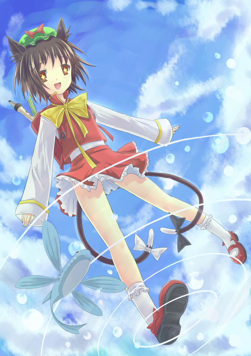 absurdres animal_ears backpack bag blue_sky bow brown_hair cat_ears cat_tail chen fang fish footwear hat highres instrument mary_janes multiple_tails open_mouth randoseru recorder ruler shoes short_hair skirt sky sleeves_past_wrists smile socks solo symbol-shaped_pupils tail tenhi_tsukitori touhou wings yellow_eyes