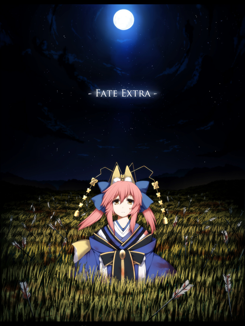 1girl animal_ears arrow artist_request blood bow caster_(fate/extra) fate/extra fate_(series) fox_ears fox_tail hair_bow hair_ribbon highres japanese_clothes moon pink_hair ribbon sad sky solo tail twintails wheat_field yellow_eyes