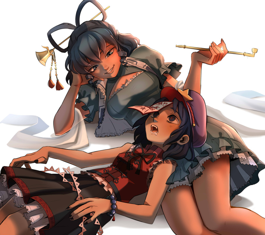 2girls absurdres bare_shoulders beads blue_dress bracelet dress drooling feet_out_of_frame grin hair_ornament hair_rings hair_stick hat hat_ornament highres jewelry jiangshi kaku_seiga kiseru looking_at_another lying miyako_yoshika multiple_girls ofuda open_mouth pipe purple_headwear red_pupils simple_background smile star_(symbol) star_hat_ornament touhou umamimochi white_background