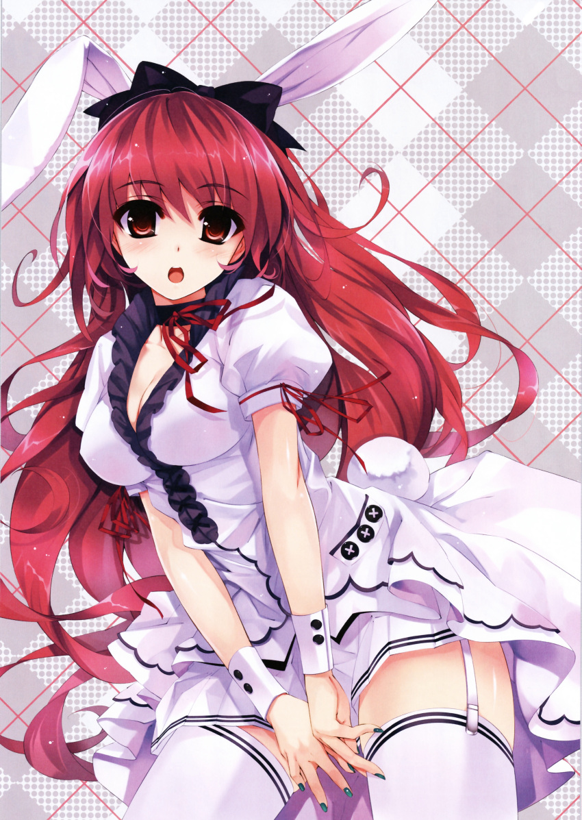 :o absurdres animal_ears argyle argyle_background between_thighs blush bow breasts bunny_ears bunny_tail choker cleavage frills garter_straps hair_bow highres legs long_hair looking_at_viewer misaki_kurehito nail_polish original pleated_skirt red_eyes red_hair redhead ribbon skirt solo tail thigh-highs thighhighs thighs white_legwear wrist_cuffs zettai_ryouiki