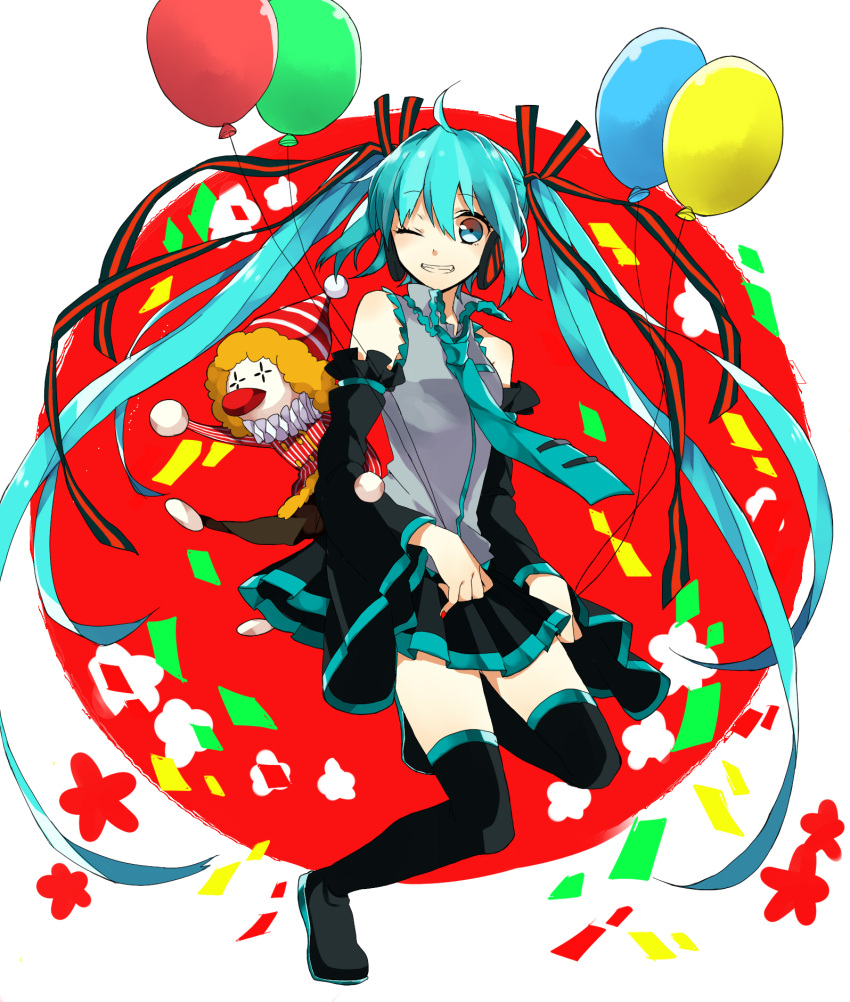 ahoge aqua_eyes aqua_hair balloon boots detached_sleeves grin hatsune_miku headphones highres long_hair looking_at_viewer necktie skirt smile solo thigh-highs thigh_boots thighhighs twintails very_long_hair vocaloid wink wonoco0916