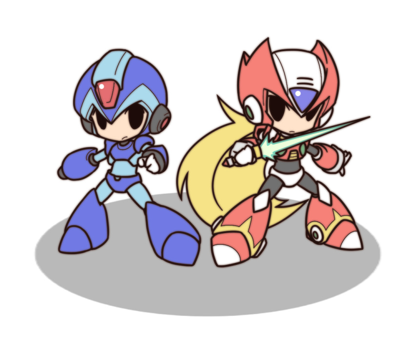 2boys arm_cannon armor blonde_hair chibi fushigi_ebi helmet holding male multiple_boys rockman rockman_(character) simple_background solid_oval_eyes sword weapon white_background x x_(rockman) zero_(rockman)