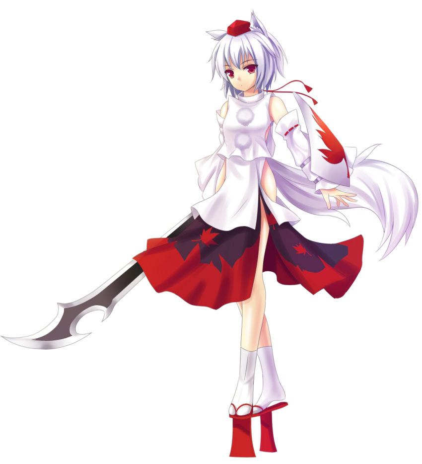:o alternate_weapon animal_ears bare_shoulders detached_sleeves geta hat highres hips holding inubashiri_momiji leaf long_sleeves looking_at_viewer maple_leaf no_panties open_hand pom_pom_(clothes) red_eyes shield short_hair simple_background skirt solo standing sword tabi tail tengu-geta tokin_hat touhou weapon white_background white_hair white_legwear wide_sleeves wolf_ears wolf_tail zi_se