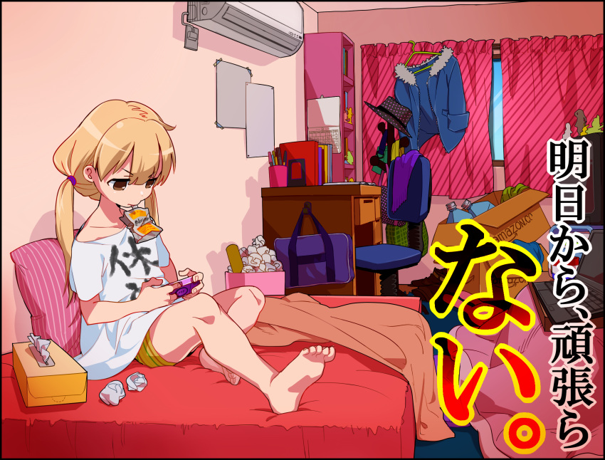 air_conditioner amazon_(company) bare_legs barefoot beast_garururu bed bedroom bike_shorts blonde_hair brown_eyes calendar chair clothes_writing computer crossed_legs curtains desk feet futaba_anzu highres idolmaster idolmaster_cinderella_girls kotatsu laptop mouth_hold office_chair on_bed pillow playing_games room sitting solo t-shirt table text tissue translated twintails window