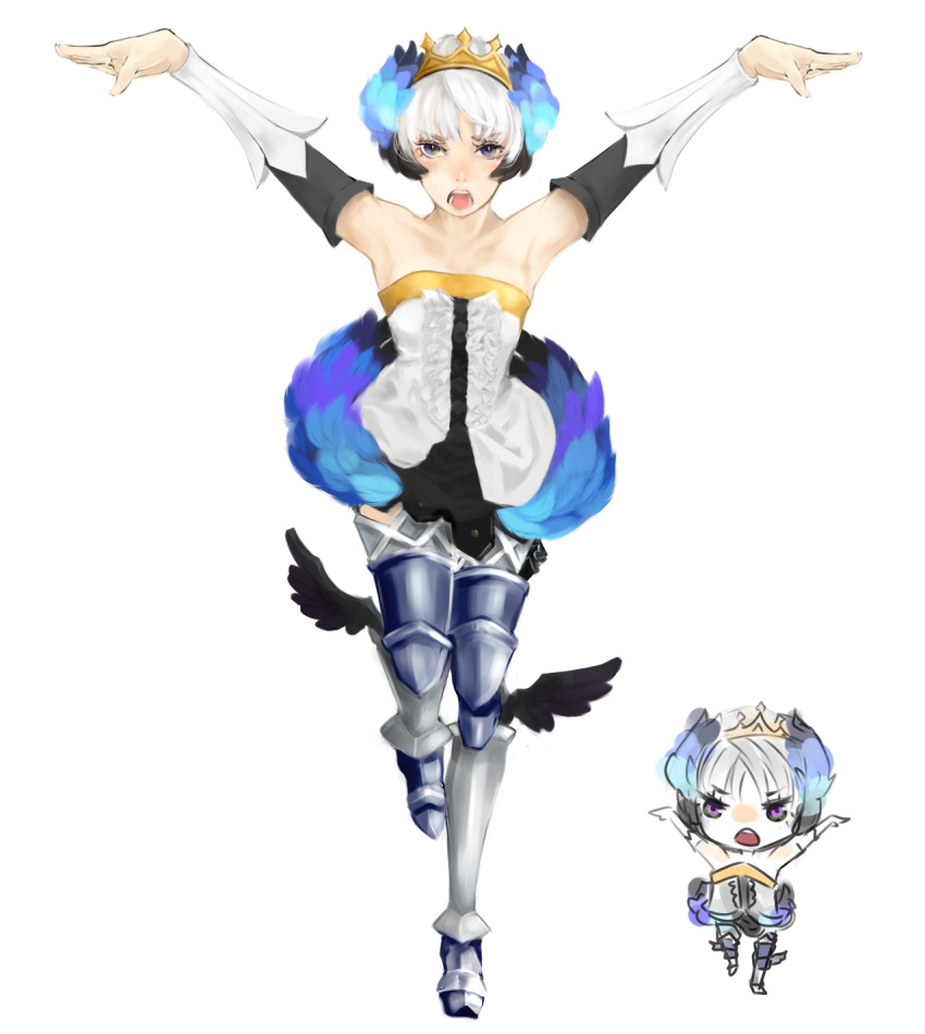armor armored_dress bare_shoulders boots chibi chibi_inset chibibro colored colorfag crane_stance drawfag dress elbow_gloves gloves greaves gwendolyn highres odin_sphere open_mouth short_hair standing_on_one_leg strapless_dress thigh-highs thigh_boots thighhighs tiara white_hair wings