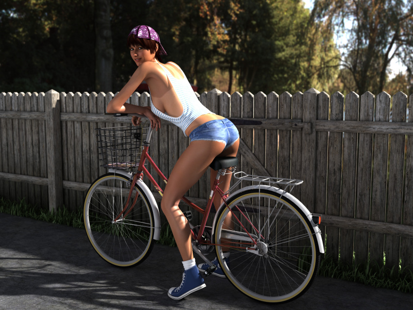3d arm_support armpits ass backwards_hat bare_legs bare_shoulders baseball_cap bicycle breasts brown_hair cutoffs denim denim_shorts fence from_behind ganseki_club hat highres hiro3787 looking_back midriff original photorealistic poser shade shirt shoes short_hair short_shorts shorts sideboob smile sneakers solo standing striped striped_shirt sunlight tomboy tree