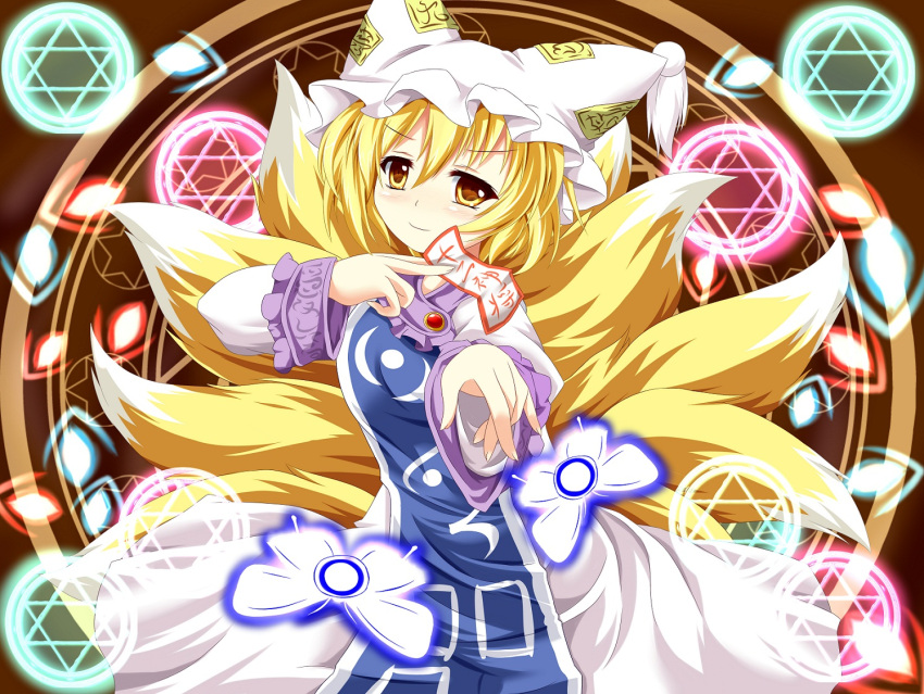 arm_up arms_up bad_id blonde_hair blush butterfly danmaku dress fingernails fox_tail hat hat_with_ears hexagram kmkm9696 magic_circle multiple_tails short_hair smile solo spell_card star star_of_david tabard tail touhou white_dress yakumo_ran yellow_eyes