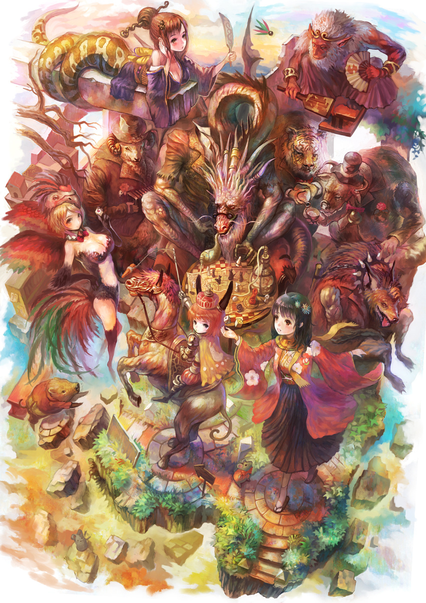 animal_ears bad_id boar bull bunny_ears carrot chess_piece chinese_zodiac circlet crown dice directional_arrow dragon fan fantasy goat hagoita hanetsuki highres horse instrument lamia monkey monster_girl mouse original ox paddle perspective sakai_yoshikuni sandals tiger