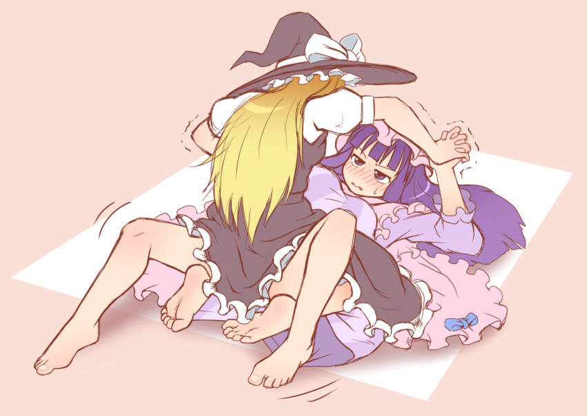 barefoot blonde_hair blush bow commentary dress feet girl_on_top hat hat_bow iromeki_overdrive kirisame_marisa long_hair lying multiple_girls on_back patchouli_knowledge purple_eyes purple_hair soles straddle striped toenails toes touhou violet_eyes witch witch_hat you_gonna_get_raped