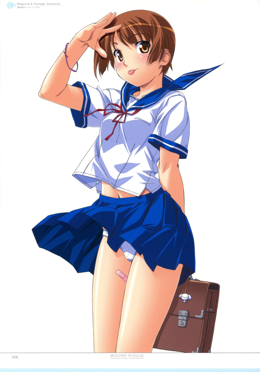 :p absurdres bag bandaid brown_eyes brown_hair copyright_request face female hand_on_head hands highres kuuchuu_yousai pantyshot_(standing) school_uniform short_hair simple_background skirt skirt_lift solo tongue wind_lift