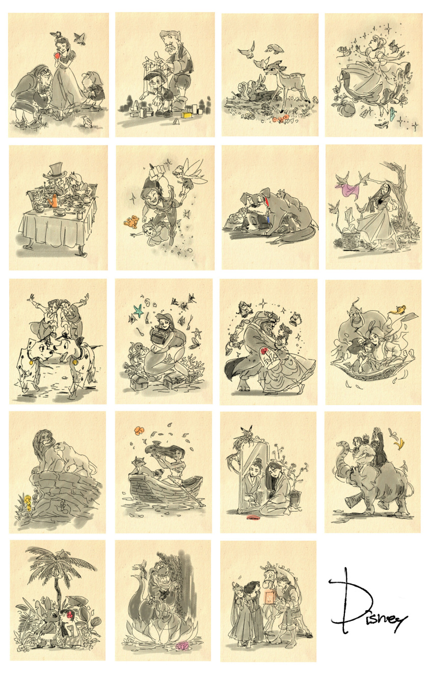 alice_in_wonderland apple bambi bambi_(deer) bambi_(movie) beauty_and_the_beast bird boat cinderella company_connection disney dog dress elephant gori_matsu highres horse kiss lady_and_the_tramp lilo_&amp;_stitch lion mermaid mirror monochrome monster_girl mulan one_hundred_and_one_dalmatians palm_tree peter_pan peter_pan_(disney) pinocchio pocahontas pocahontas_(disney) reflection sleeping_beauty snow_white snow_white_and_the_seven_dwarfs spot_color tangled tarzan the_lion_king the_little_mermaid the_princess_and_the_frog tree