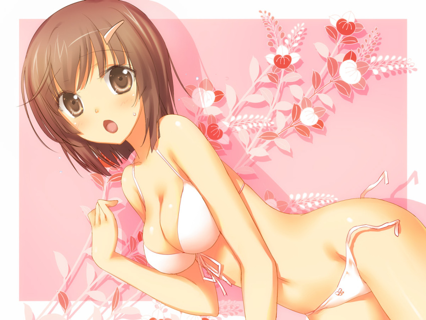 47agdragon :o bare_shoulders blush bow bow_panties bra breasts brown_eyes brown_hair cleavage front-tie_top hair_ornament hairclip hanging_breasts haruno_emi large_breasts lingerie looking_at_viewer navel open_mouth original panties panty_slip shiny shiny_skin short_hair side-tie_panties solo underwear underwear_only untied wardrobe_malfunction white_bra white_panties
