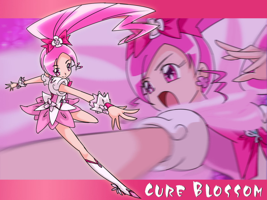 boots character_name cure_blossom fuchi_minoru hanasaki_tsubomi heartcatch_precure! long_hair open_mouth outstretched_hand pink pink_background pink_eyes pink_hair ponytail precure puffy_sleeves skirt smile wrist_cuffs