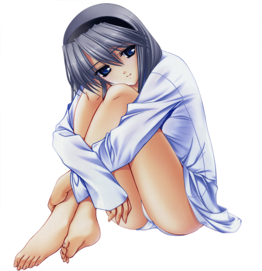 absurdres barefoot blue_eyes clannad dress_shirt feet fumio fumio_(ura_fmo) hairband highres key leg_hug legs long_hair long_sleeves no_pants panties pantsu pantyshot pantyshot_(sitting) pantyshot_sitting sakagami_tomoyo silver_hair simple_background sitting smile solo toes tomoyo_after tomoyo_after_~it's_a_wonderful_life~ underwear white_background
