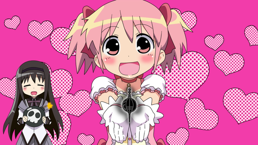 akemi_homura black_hair blush bomb bow closed_eyes eyes_closed g3pen grief_seed hair_bow hairband heart kaname_madoka kill_me_baby long_hair magical_girl mahou_shoujo_madoka_magica multiple_girls open_hands open_mouth open_out outstretched_arms outstretched_hand parody pink_eyes pink_hair short_hair short_twintails skirt smile twintails