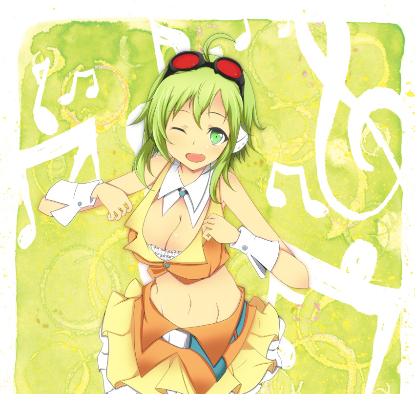ahoge bare_shoulders blush body_blush breasts cleavage crop_top goggles goggles_on_head green_eyes green_hair gumi highres large_breasts looking_at_viewer midriff musical_note navel open_mouth short_hair skirt smile solo suu2501 treble_clef vocaloid wink wrist_cuffs