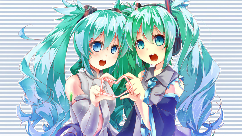 1920x1080 aqua_eyes aqua_hair az_(colorb05) bare_shoulders bridal_gauntlets detached_sleeves dual_persona elbow_gloves fingerless_gloves gloves hatsune_miku hatsune_miku_(append) headphones heart heart_hands heart_hands_duo highres long_hair miku_append multiple_girls necktie open_mouth smile striped striped_background twintails very_long_hair vocaloid vocaloid_append wallpaper