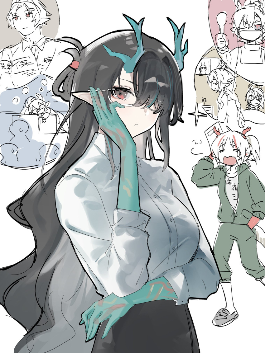 2boys 3girls alternate_costume arknights black_hair character_request dragon_girl dragon_horns dragon_tail dusk_(arknights) glasses hair_over_one_eye highres horns ling_(arknights) looking_at_viewer multiple_boys multiple_girls nian_(arknights) office_lady red_eyes shu_(arknights) tail yao_kkkrrr yu_(arknights)