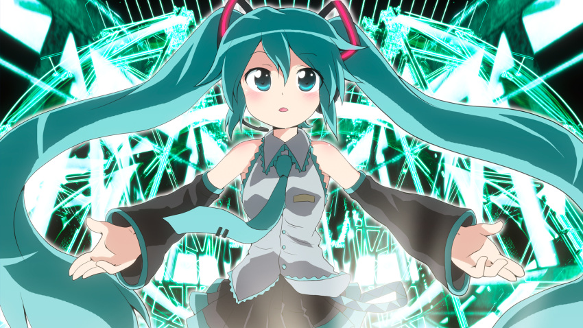 1920x1080 aqua_eyes aqua_hair bare_shoulders detached_sleeves hatsune_miku highres long_hair massala necktie open_mouth outstretched_arms skirt solo spread_arms twintails very_long_hair vocaloid wallpaper