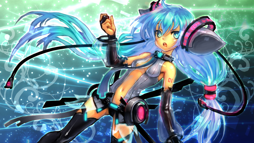1920x1080 aqua_eyes aqua_hair belt breasts bridal_gauntlets center_opening elbow_gloves fingerless_gloves gloves hatsune_miku hatsune_miku_(append) highres long_hair looking_at_viewer miku_append navel necktie open_mouth read_xxx solo thigh-highs thighhighs twintails very_long_hair vocaloid vocaloid_append wallpaper