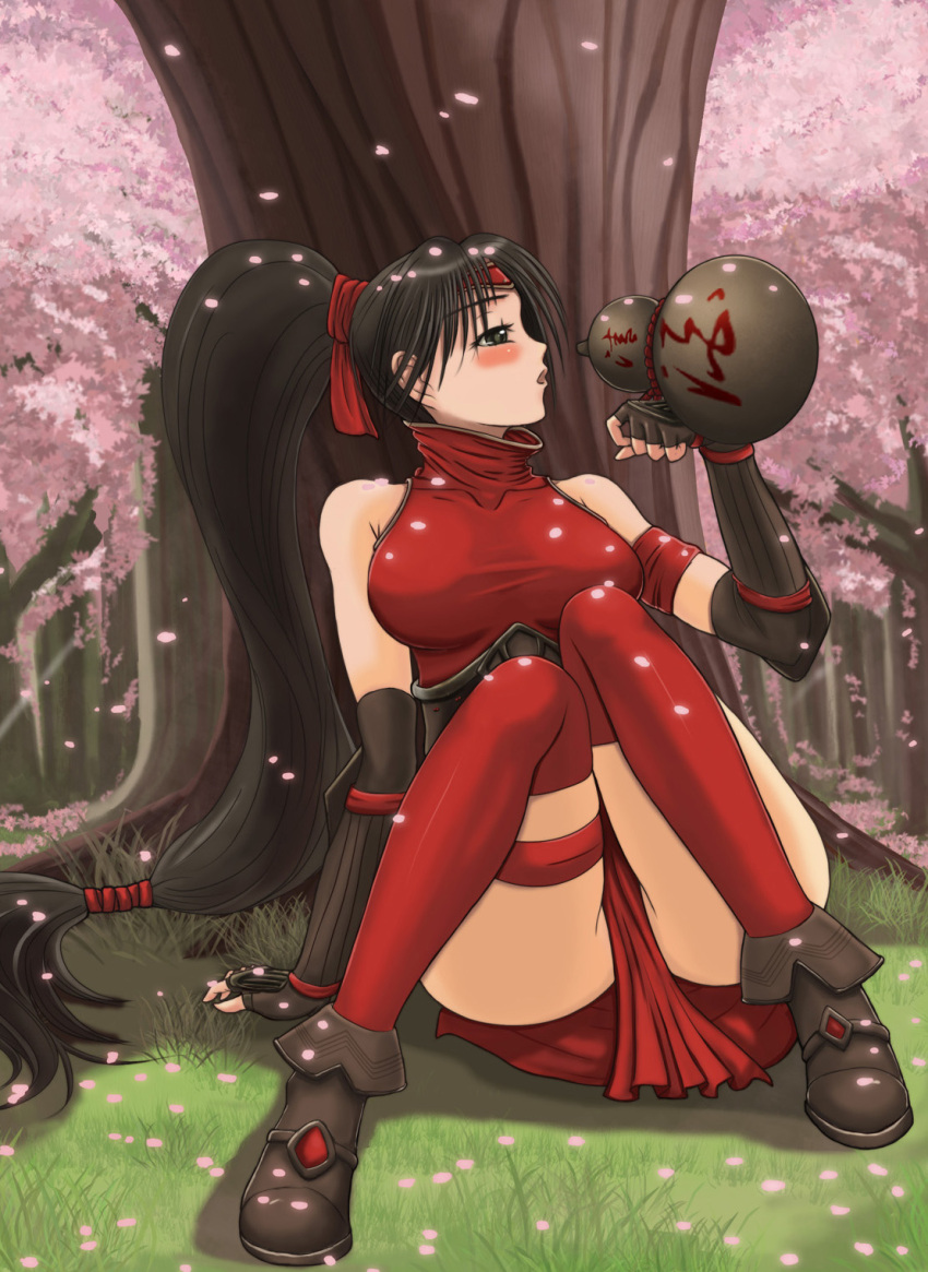 akali artist_request black_hair blush breasts cherry_blossoms gourd highres large_breasts league_of_legends legs long_hair ponytail seiryuu_zaiten sitting solo taut_shirt thigh-highs thighhighs tree very_long_hair