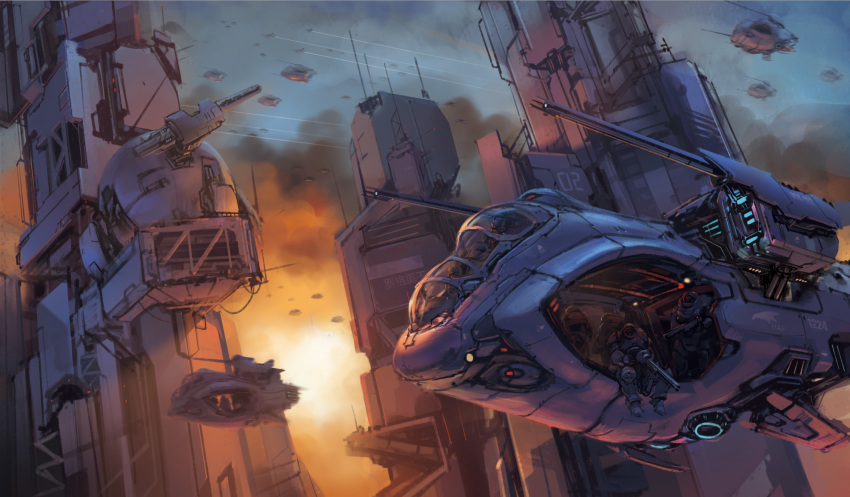 armor building cannon city condensation_trail cyberpunk dust_cloud flying glowing gun gunship highres mecha military original power_armor power_suit prog_wang science_fiction sky soldier space_craft turret weapon