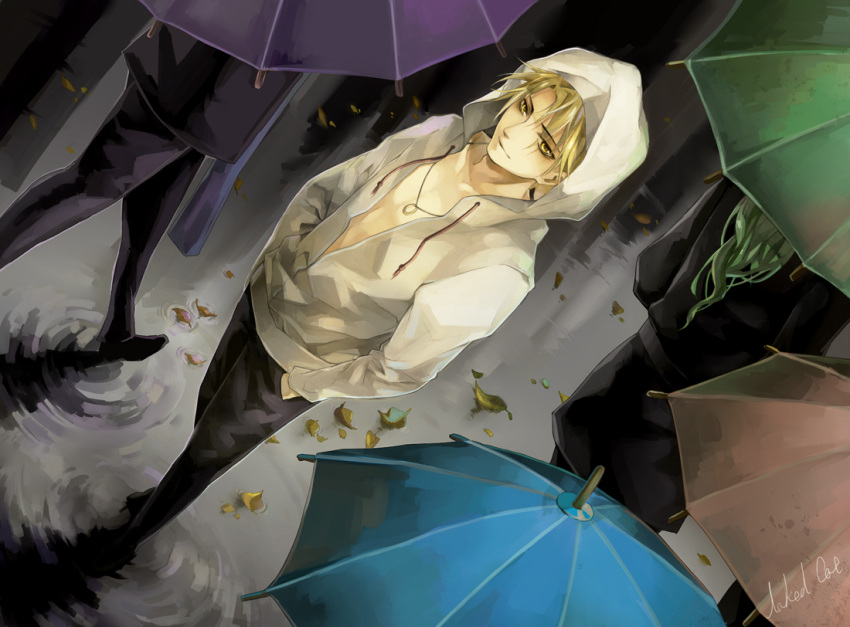 blonde_hair formal giancarlo_bourbon_del_monte green_hair hood hoodie jewelry long_hair lucky_dog_1 naked_cat necklace suit umbrella yellow_eyes