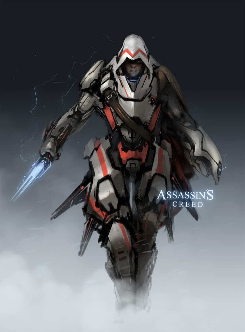 armor assassin's_creed assassin's_creed_ii assassin's_creed assassin's_creed_ii dark_skin full_armor gradient highres hood knife male mechanization prog_wang red_eyes science_fiction solo weapon