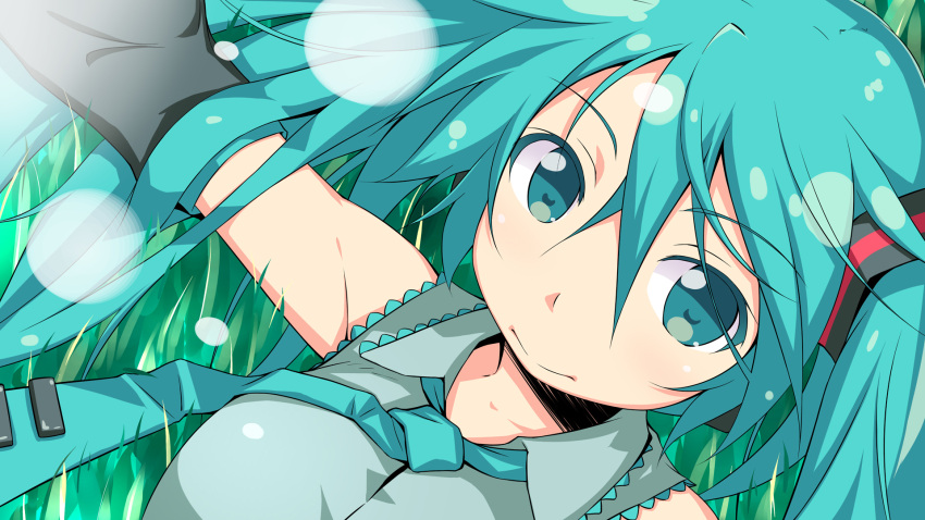 1920x1080 aqua_eyes aqua_hair bare_shoulders close-up detached_sleeves dousaki_shinya face grass hatsune_miku highres long_hair looking_at_viewer lying necktie on_back solo twintails vocaloid wallpaper