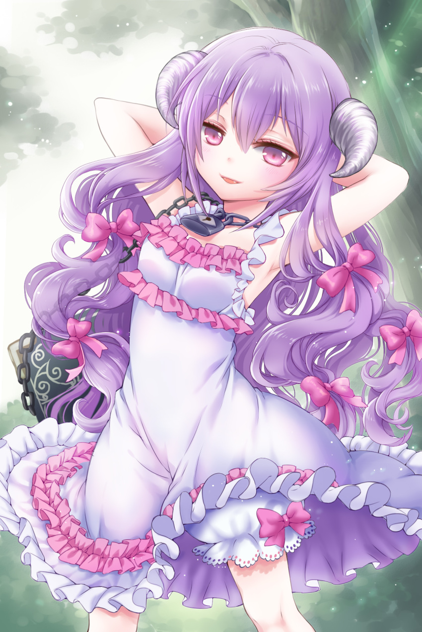 amrita armpits arms_behind_head arms_up bittersweet_(dalcoms) bloomers book chain chains dress frilled_dress frills hair_between_eyes hair_ribbon highres horns jewelry layered_dress lock long_hair lowres necklace open_mouth purple_hair red_eyes ribbon smile solo sword_girls very_long_hair