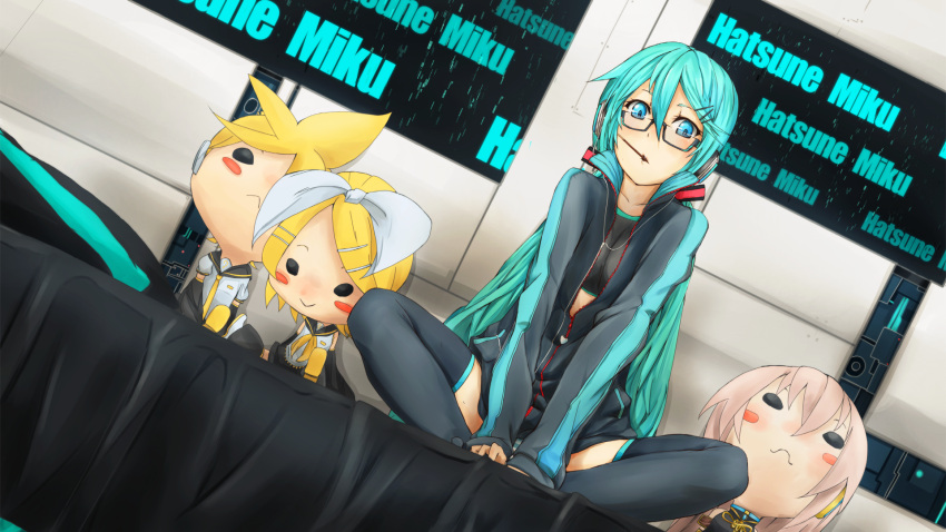 1920x1080 :&gt; :&lt; aqua_eyes aqua_hair bespectacled casual character_doll dutch_angle fu-ta glasses hatsune_miku highres hoodie kagamine_len kagamine_rin long_hair looking_at_viewer megurine_luka mouth_hold panties pocky sitting solo spread_legs thigh-highs thighhighs twintails underwear very_long_hair vocaloid wallpaper zettai_ryouiki