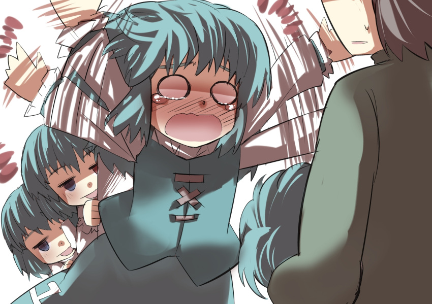 4girls blue_eyes blue_hair blush clone commentary commentary_request faceless faceless_male family gaoo_(frpjx283) heterochromia multiple_girls o_o open_mouth panicking red_eyes short_hair sweatdrop tatara_kogasa tears tongue tongue_out touhou waving_arms