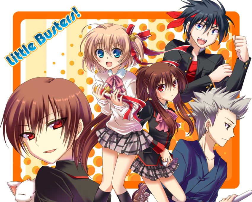 3boys cat inohara_masato kamikita_komari little_busters!! long_hair miyazawa_kengo multiple_boys multiple_girls natsume_kyousuke natsume_rin ribbon school_uniform short_hair soraeda